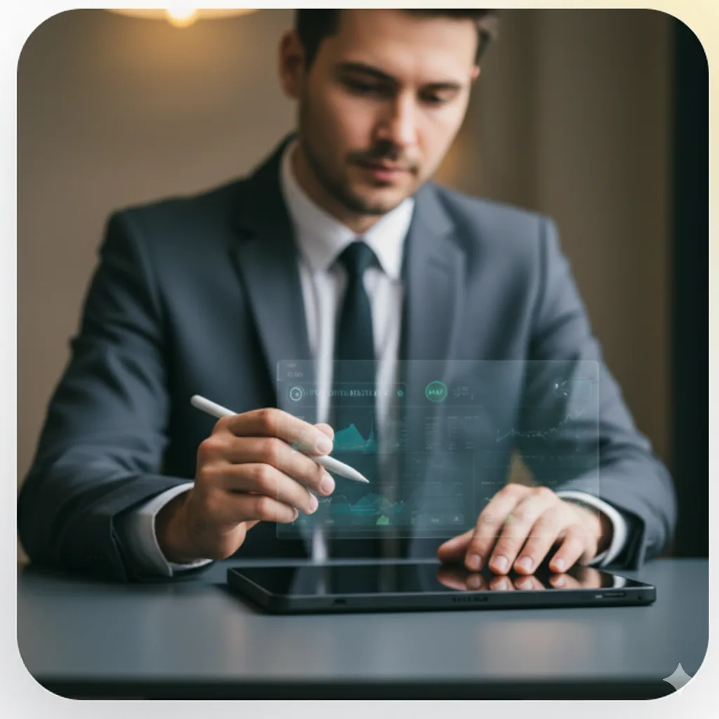 Business man showing a digital dashboard on a tablet